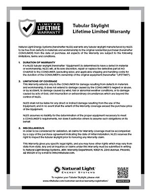 Natural Light Tubular Skylight Warranty Thumb