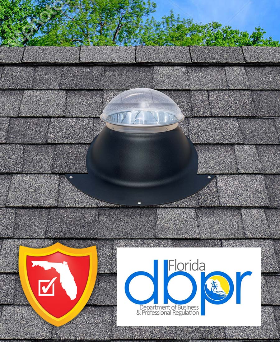 Florida Department of Building Regulations logo over Natural Light tubular skylight image